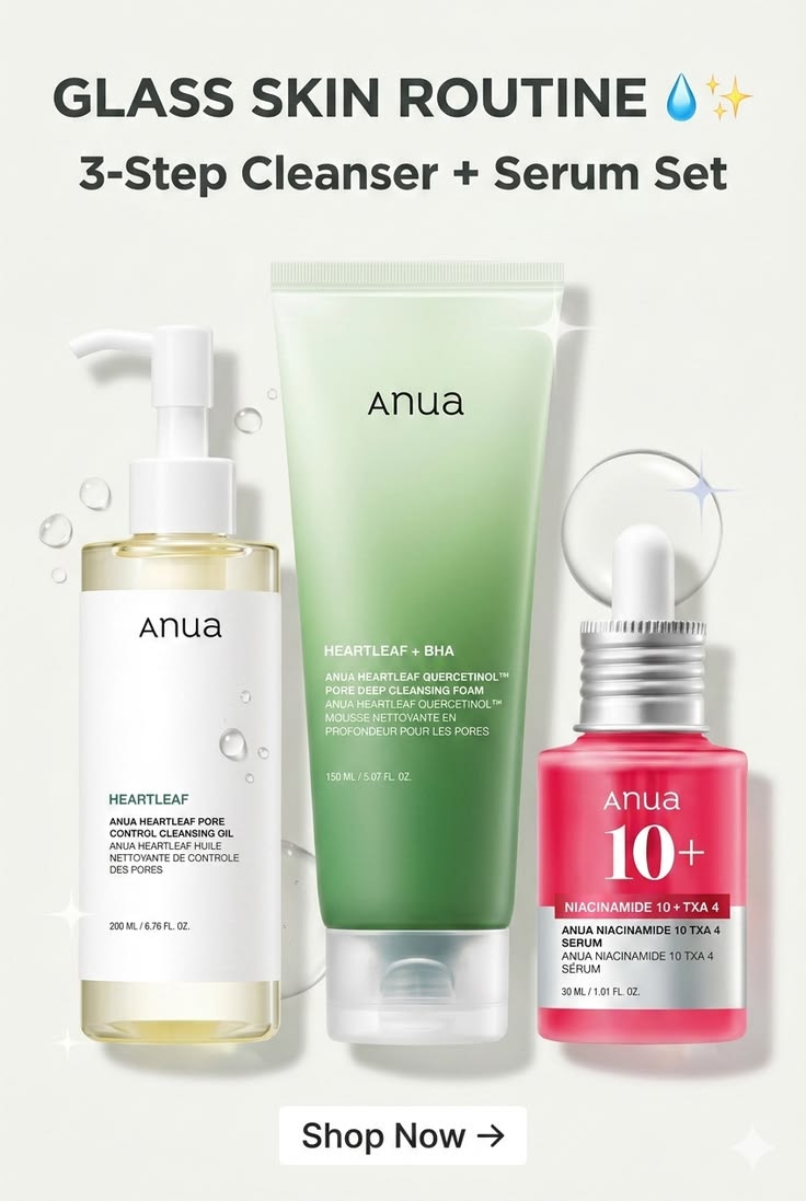 Anua Skincare Set 3-Step for Beginners - Oil Cleanser + Foaming Wash + Niacinamide Serum for Glass Skin