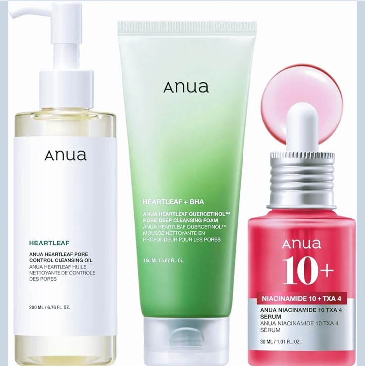 Anua Skincare Set 3-Step for Beginners - Oil Cleanser + Foaming Wash + Niacinamide Serum for Glass Skin