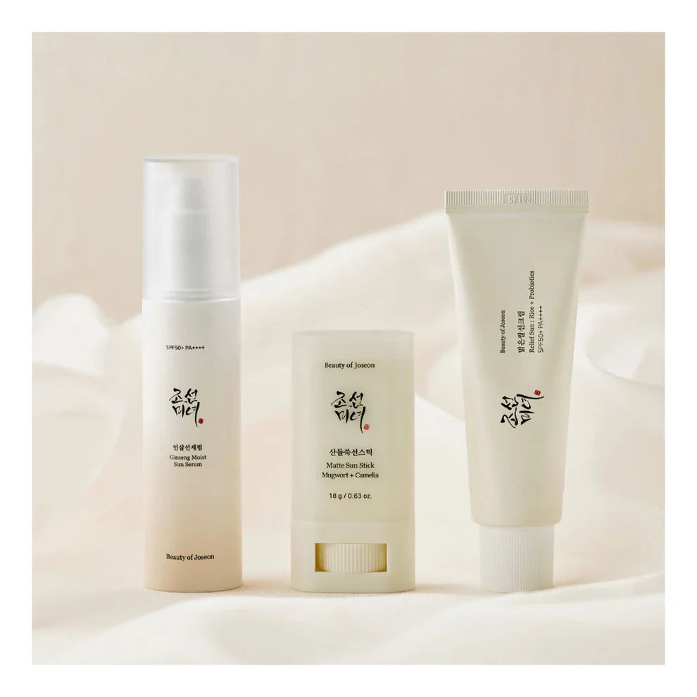 مجموعة الحماية الشمسية المثالية: كريم مهدئ + عصا مطفية + سيروم الشمس