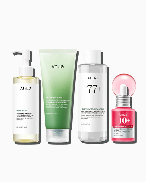 ANUA Glass Skin Set - 4-Step Korean Skincare Routine for Perfect Radiance (Oil Cleanser + Foaming Wash + Niacinamide Serum + Toner)
