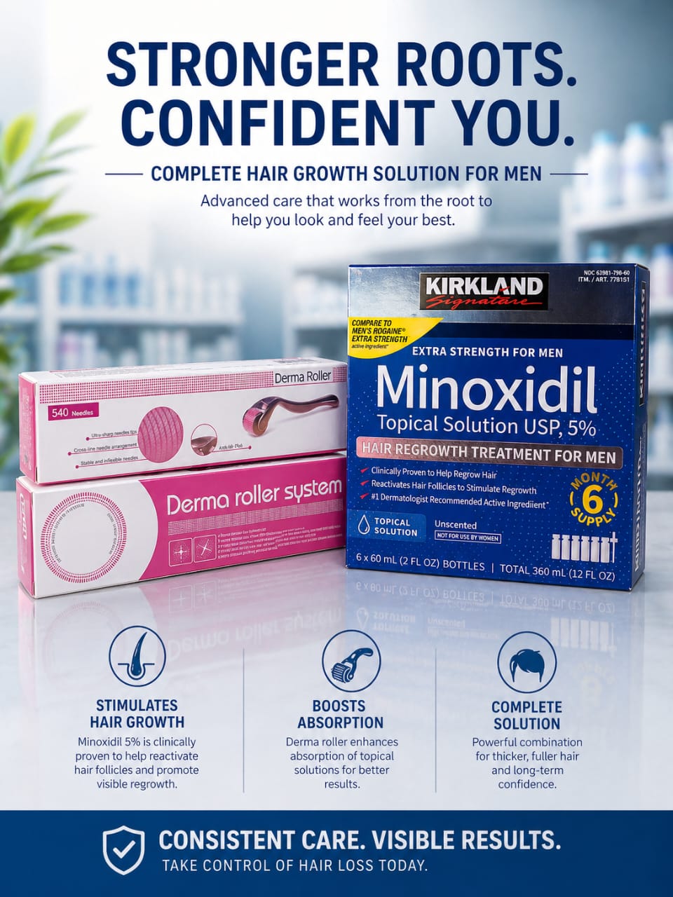 Kirkland Signature Men’s Hair Regrowth Treatment – Extra Strength 5% Minoxidil Topical Solution (6 Month Supply)