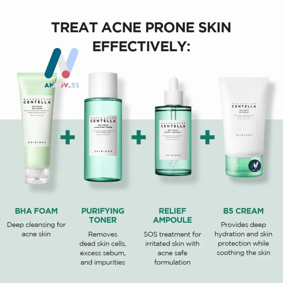 مجموعة SKIN1004 شاي سنتيلا مدغشقر - تريكا، للبشرة المعرضة لحب الشباب، حاجز البشرة، تهدئة البشرة وترطيبها